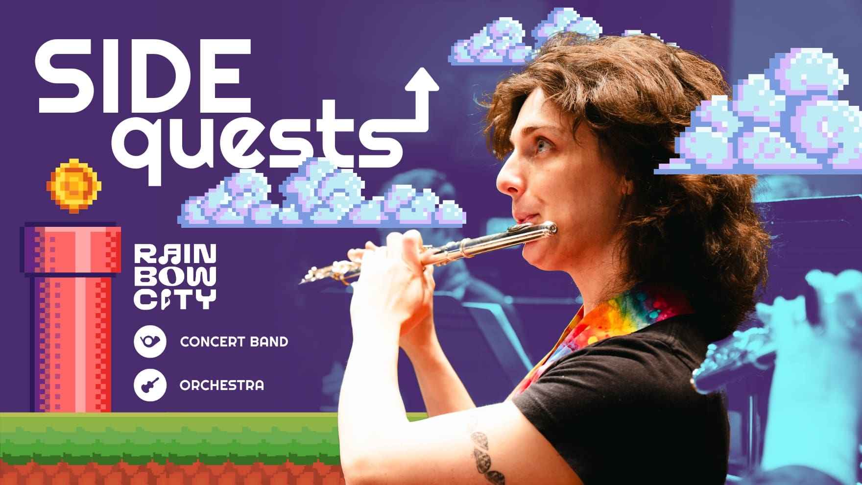 Banner with the title "Side quests" with a photo of someone playing flute over a video game background.
