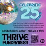 Flyer for Thrive Fundraiser with a disco ball and a big "Celebrate 25 years" in blue. Details for the event in black and QR code.