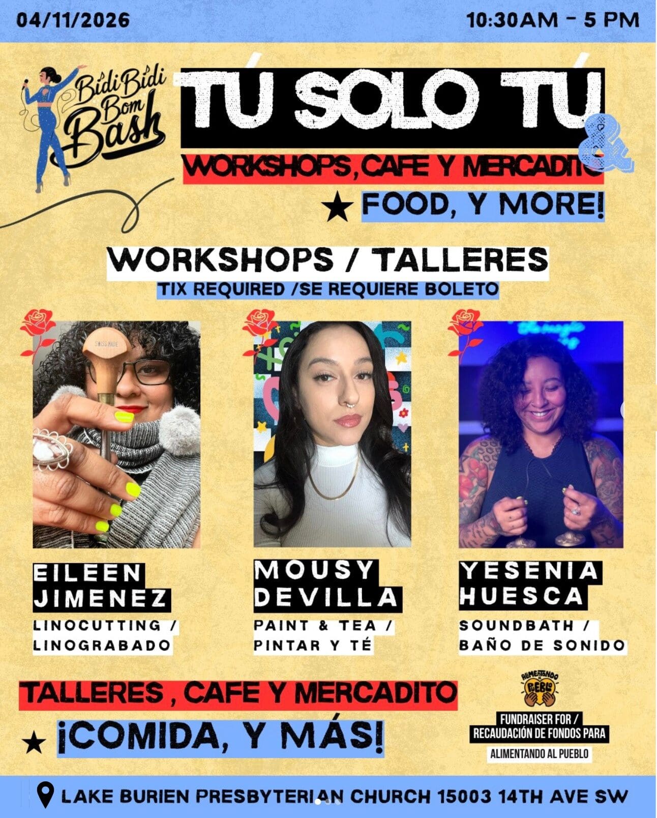 Flyer for "Tu Solo Tu, Workshops, cafe, mercadito, food y more". Features 3 artist headshots, their names and workshop titles.