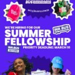 Purple flyer about Washington Bus' Summer Fellowhsip with white text and photo cutouts of students.