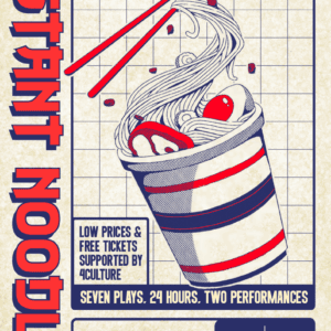 Flyer for "Instant Noodles" with a graphic of instant ramen cup and detail text around in deep blue.
